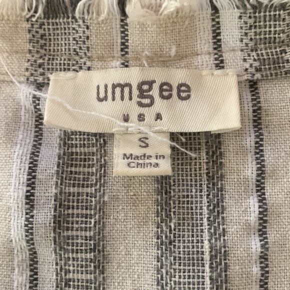 Umgee Linen Cotton Frayed Edge Pockets V Neck Lagenlook Tan Gray Striped Sz S - Picture 4 of 8